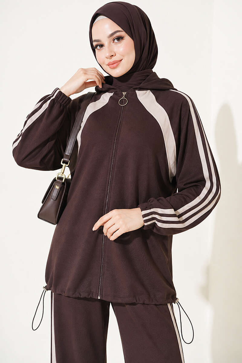 Two-Piece Set with Elastic Hem and Trim - Dark Brown