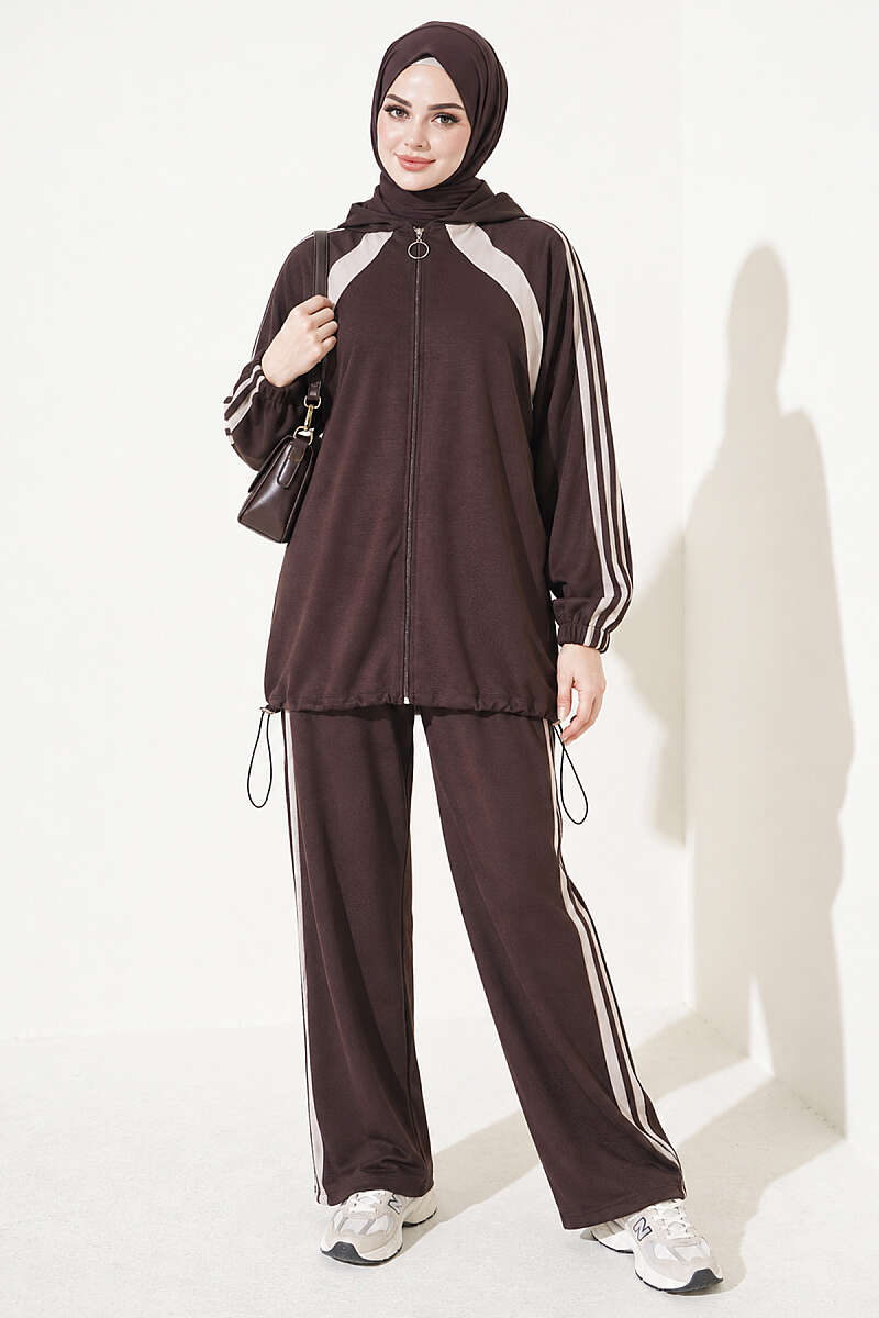 Two-Piece Set with Elastic Hem and Trim - Dark Brown