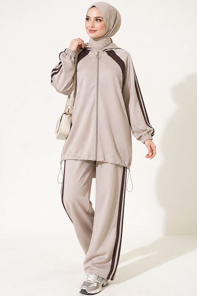 Two-Piece Set with Elastic Hem and Trim - Beige
