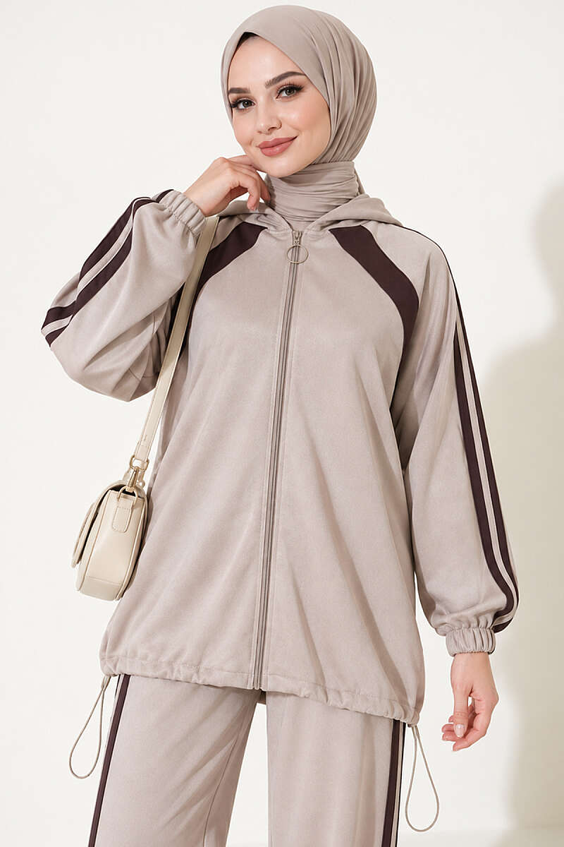 Two-Piece Set with Elastic Hem and Trim - Beige
