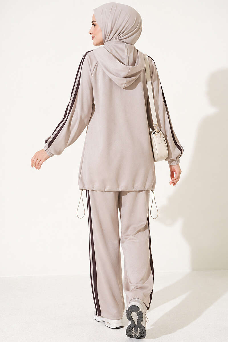 Two-Piece Set with Elastic Hem and Trim - Beige