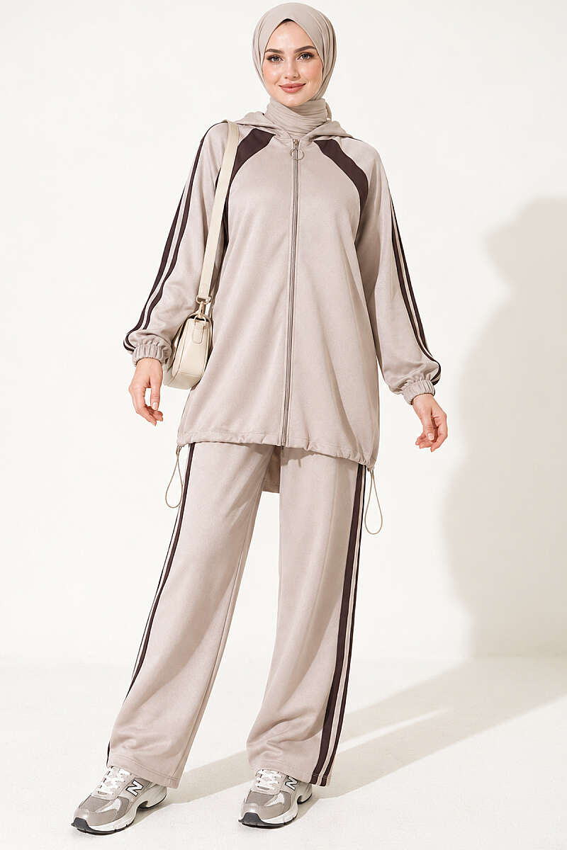 Two-Piece Set with Elastic Hem and Trim - Beige