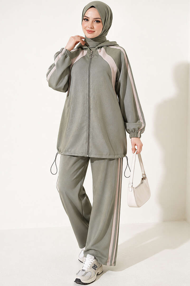 Two-Piece Set with Elastic Hem and Trim - Almond Green