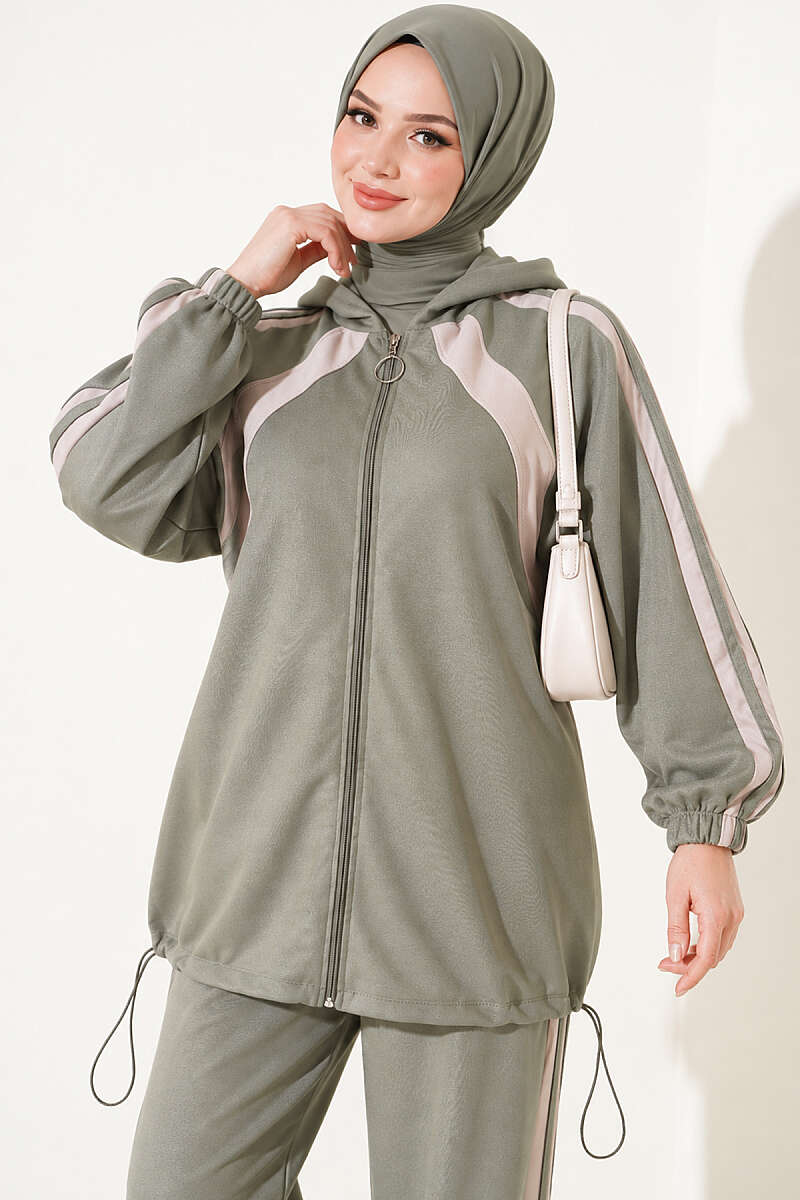 Two-Piece Set with Elastic Hem and Trim - Almond Green