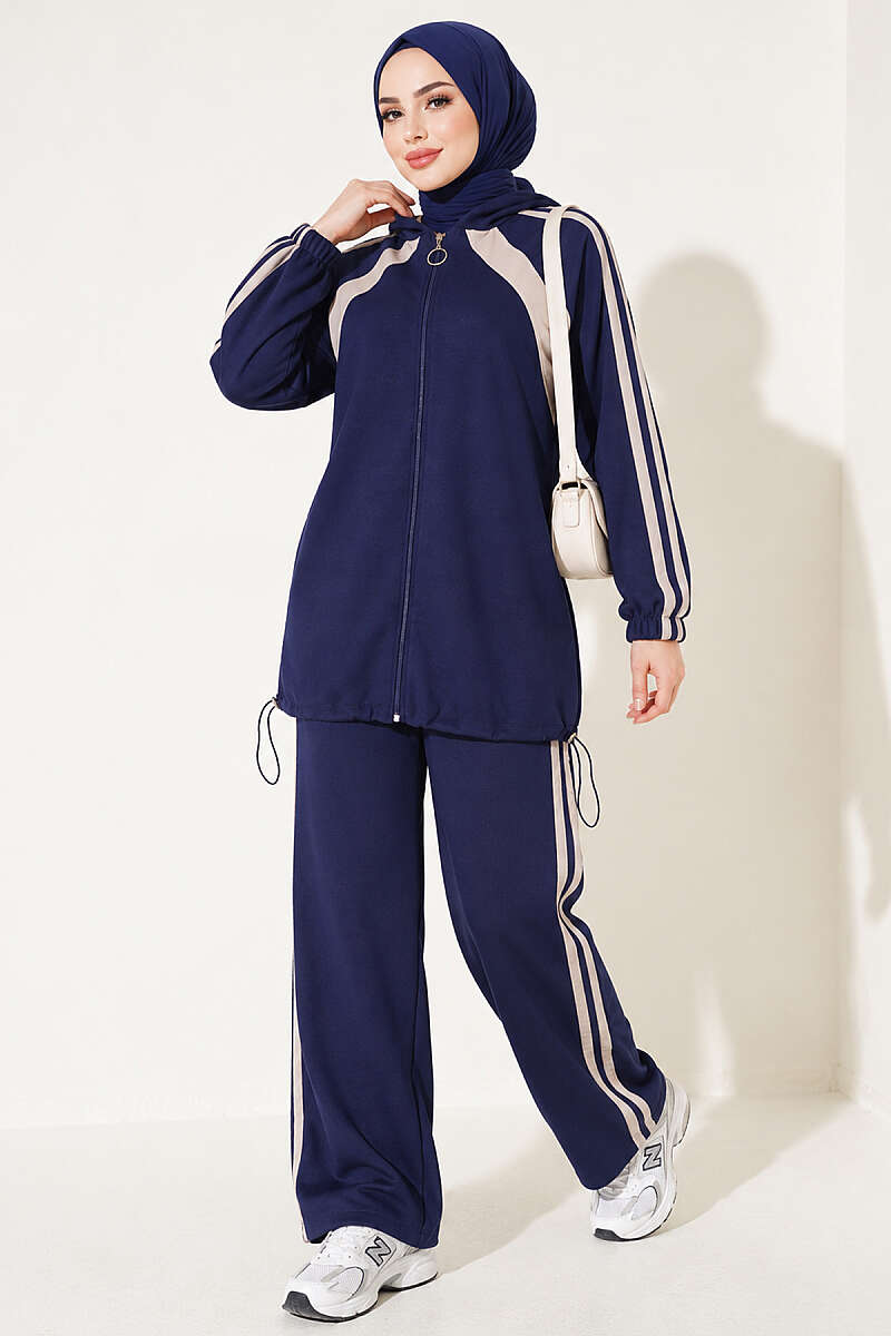 Two-Piece Set with Elastic Hem and Trim - Navy