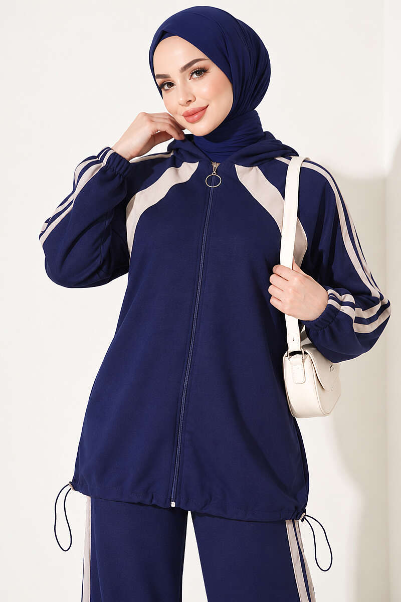 Two-Piece Set with Elastic Hem and Trim - Navy