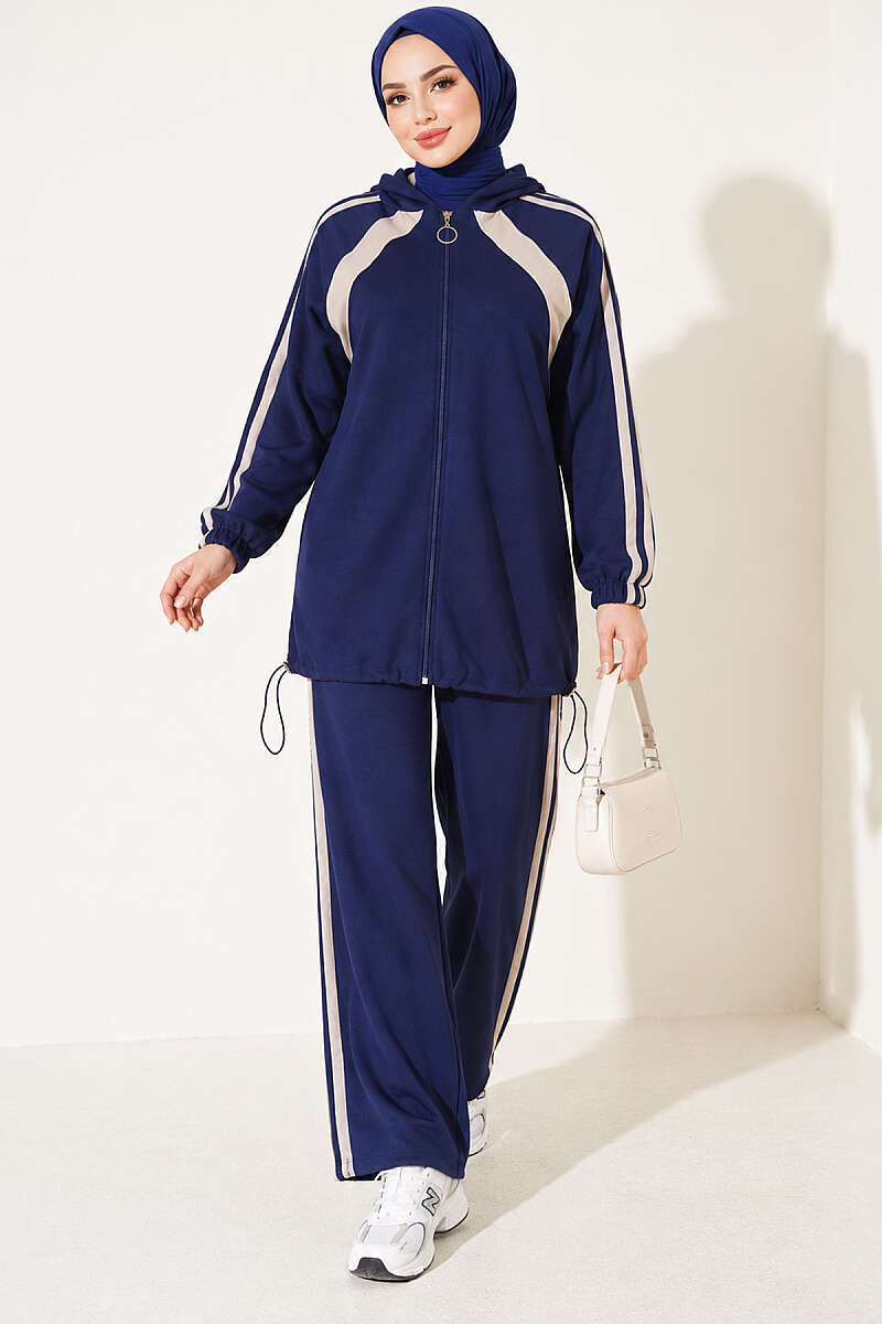 Two-Piece Set with Elastic Hem and Trim - Navy