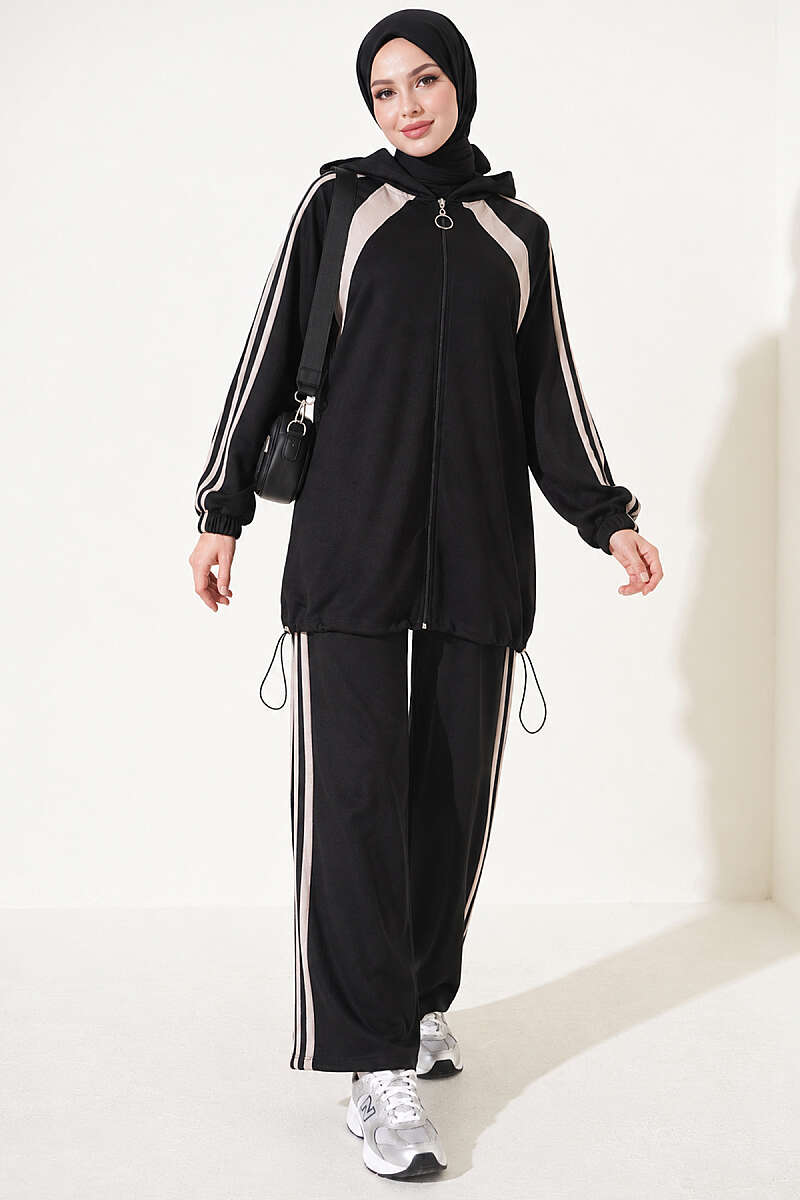 Two-Piece Set with Elastic Hem and Trim - Black