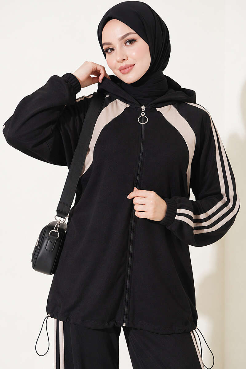 Two-Piece Set with Elastic Hem and Trim - Black