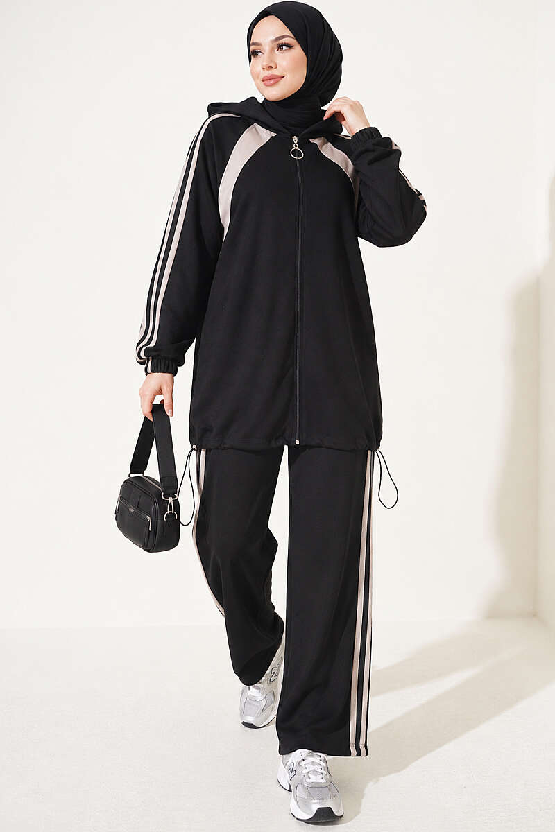 Two-Piece Set with Elastic Hem and Trim - Black