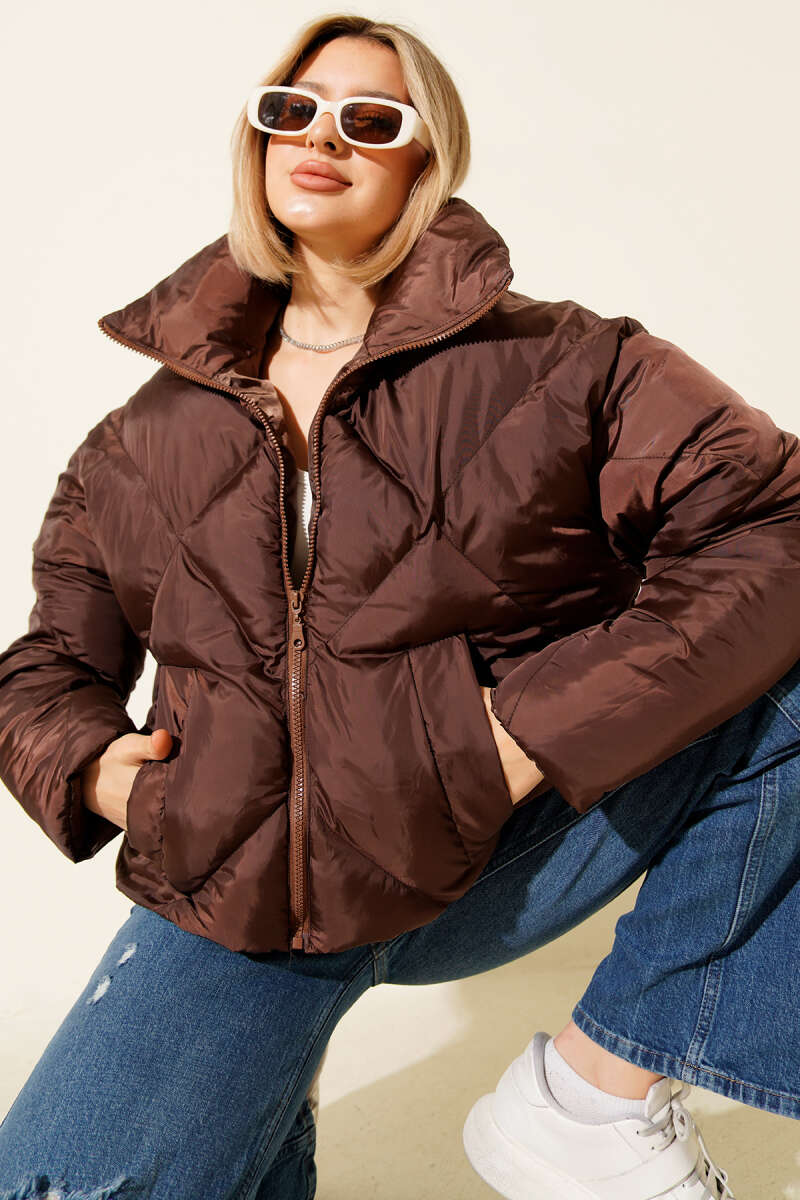 Short Puffer Jacket with Elastic Hem - Brown
