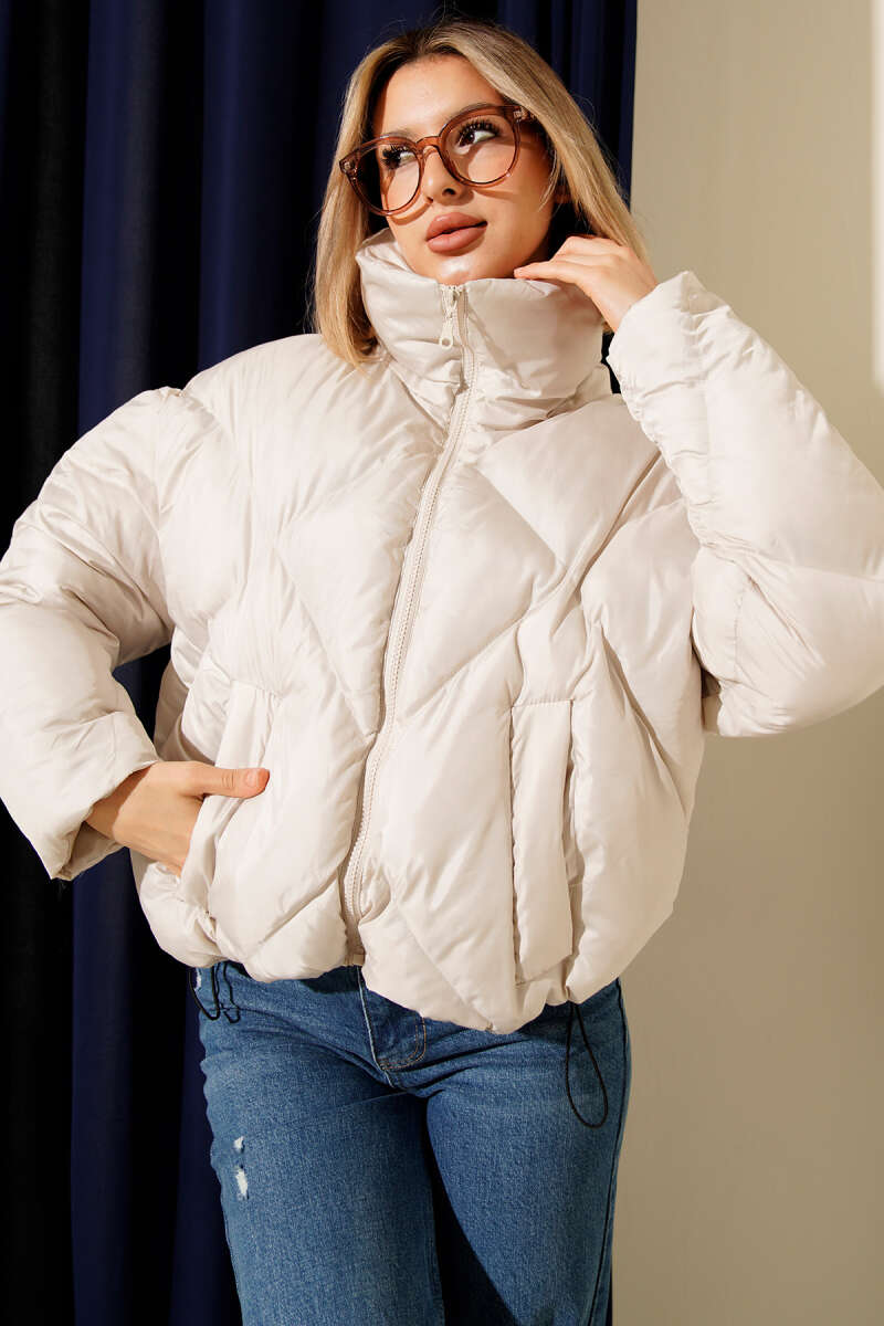 Short Puffer Jacket with Elastic Hem - Stone