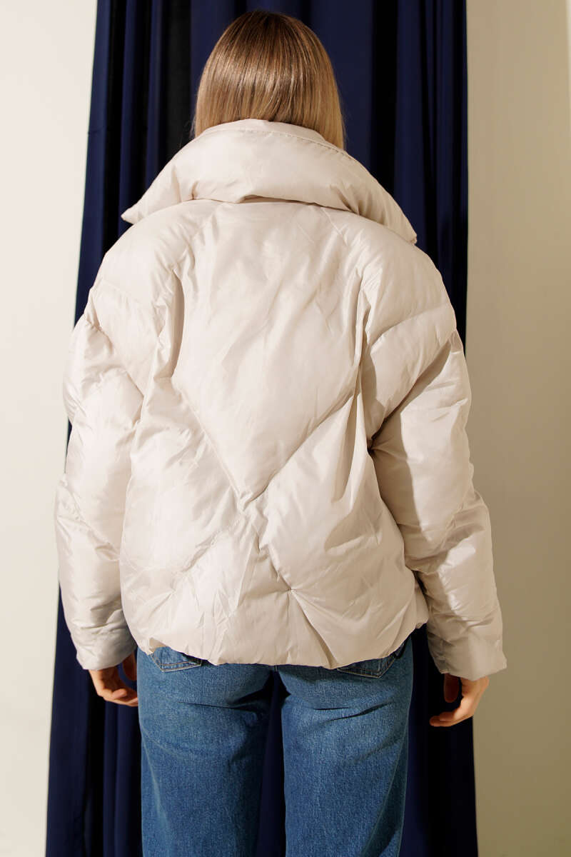 Short Puffer Jacket with Elastic Hem - Stone