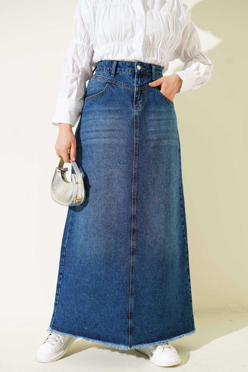 Denim Skirt with Tasselled Hem - Classic Denim