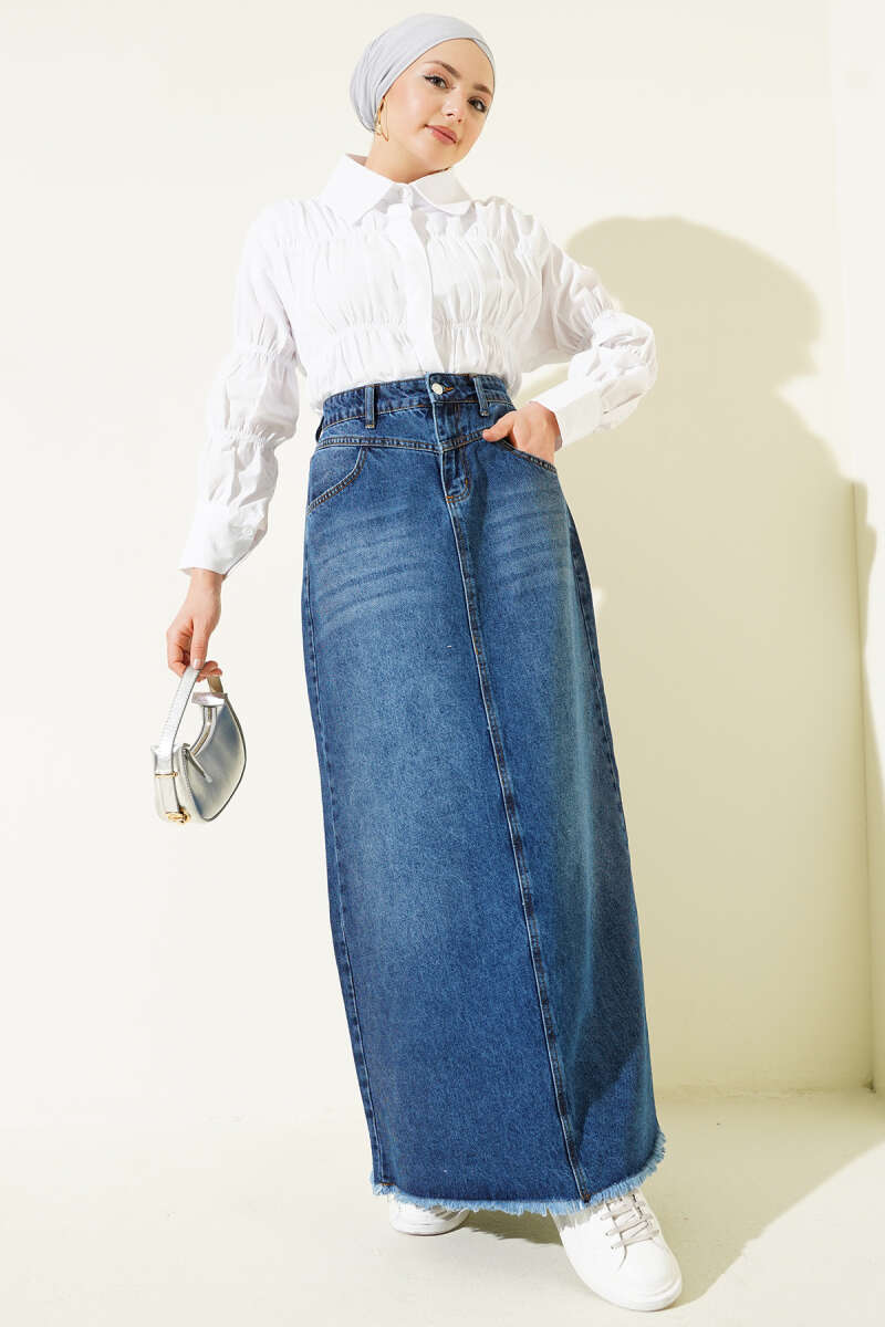 Denim Skirt with Tasselled Hem - Classic Denim