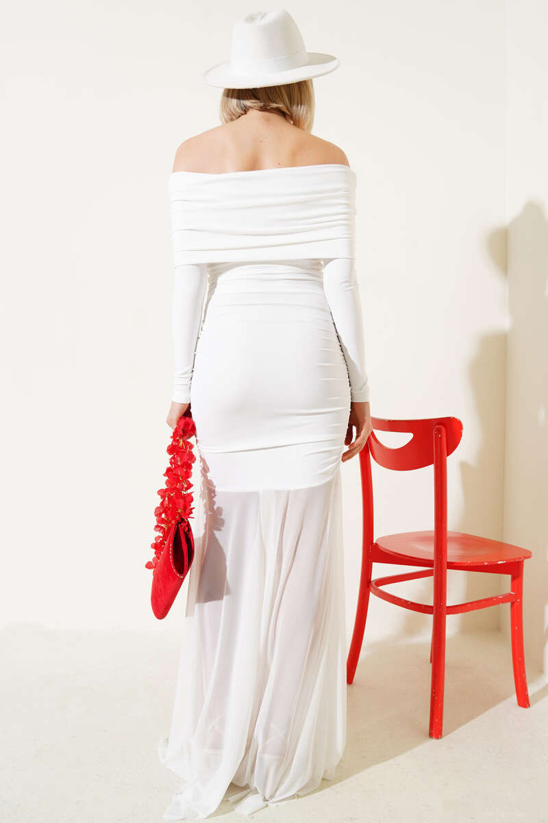 Boat-Neck Dress with Ruched Tulle Hem - Ecru