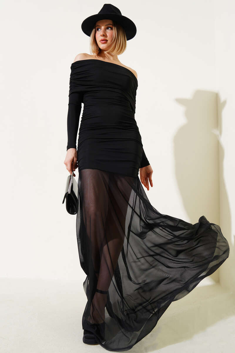Boat-Neck Dress with Ruched Tulle Hem - Black
