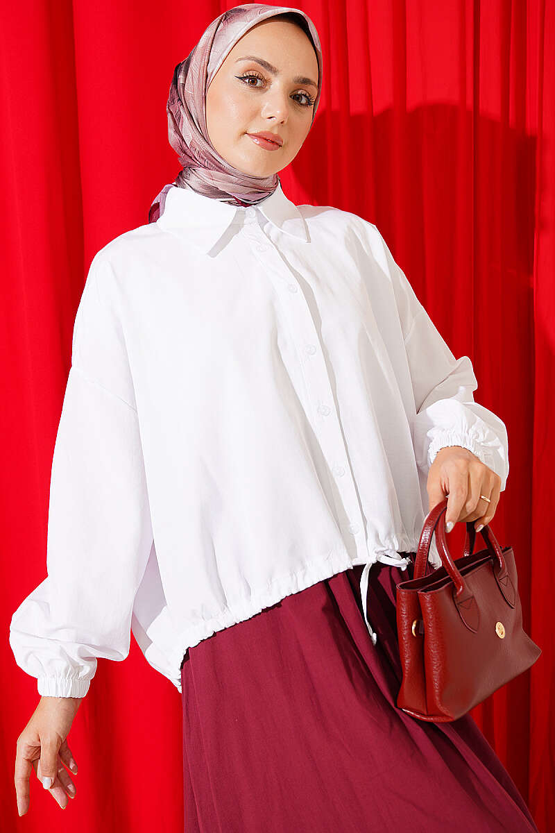 Loose Shirt with Drawstring Hem - White