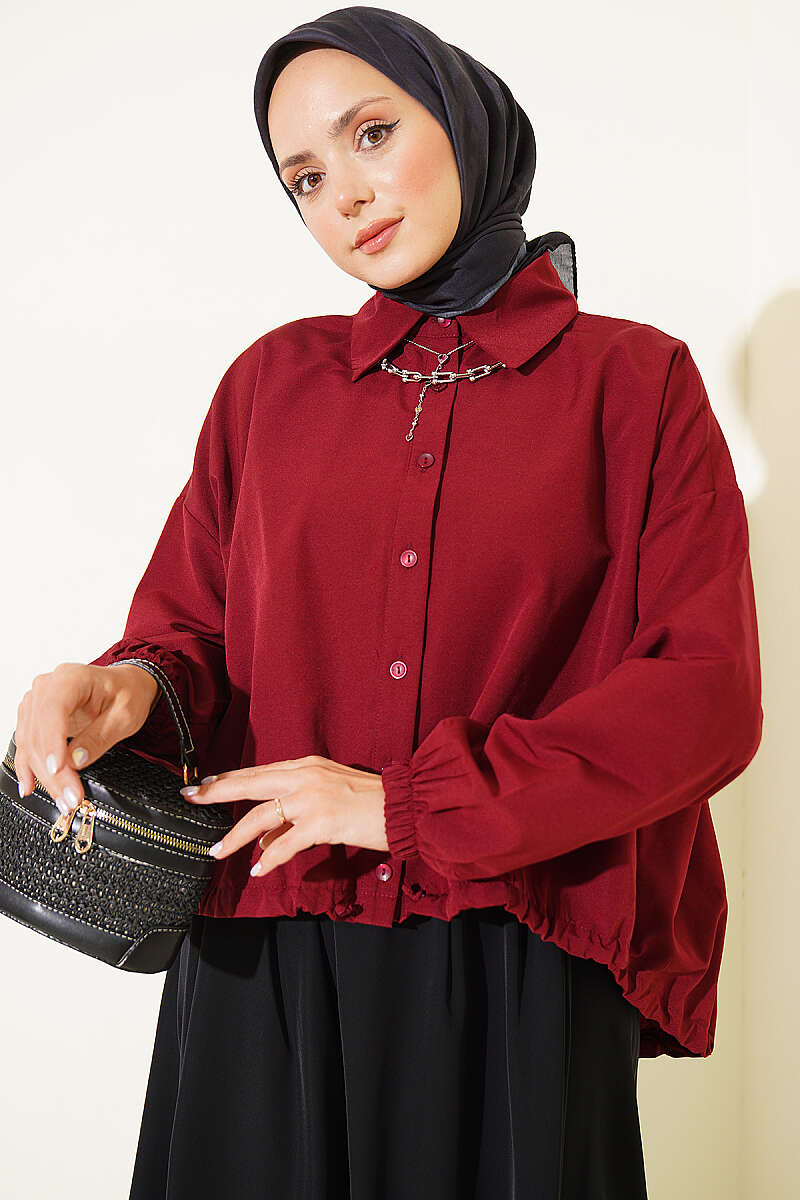 Loose Shirt with Drawstring Hem - Burgundy