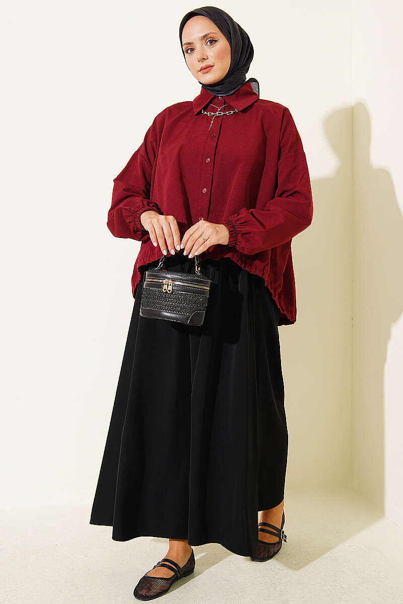 Loose Shirt with Drawstring Hem - Burgundy