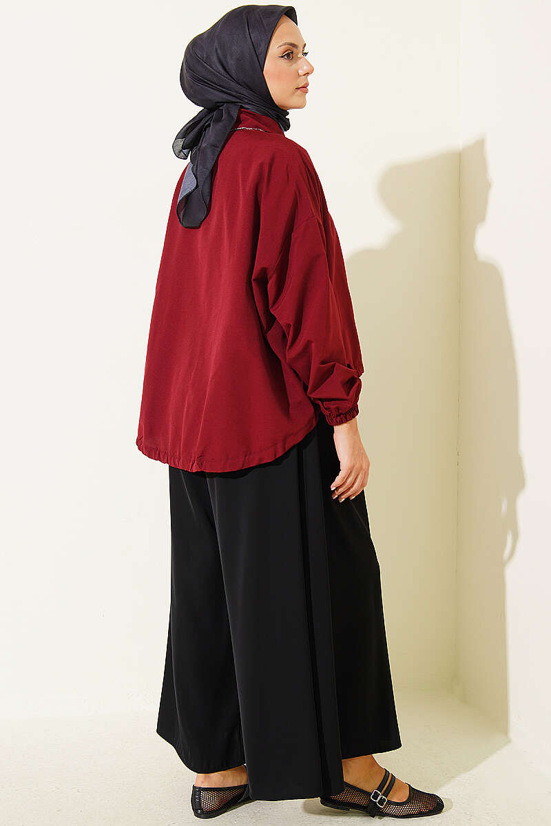 Loose Shirt with Drawstring Hem - Burgundy