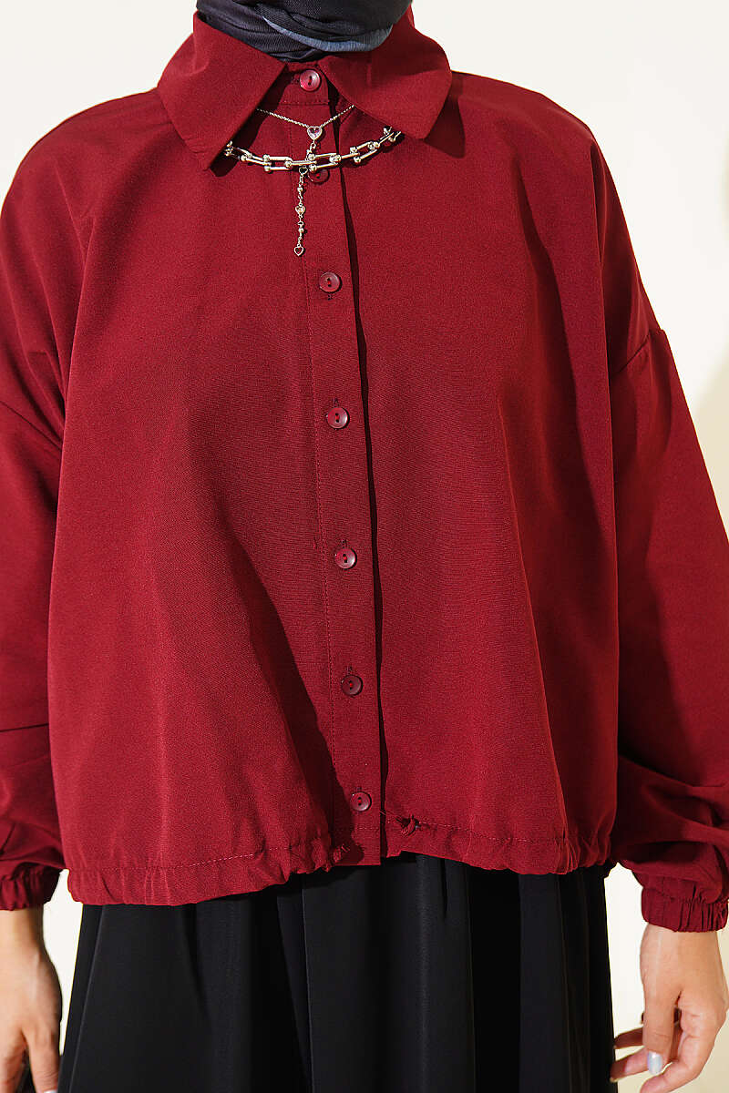 Loose Shirt with Drawstring Hem - Burgundy