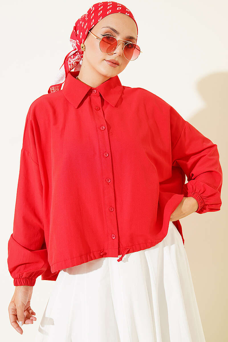 Loose Shirt with Drawstring Hem - Red
