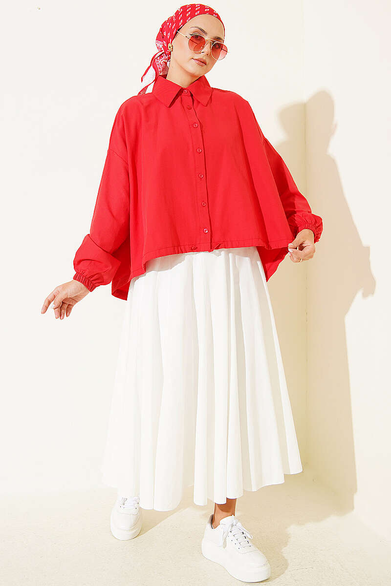 Loose Shirt with Drawstring Hem - Red