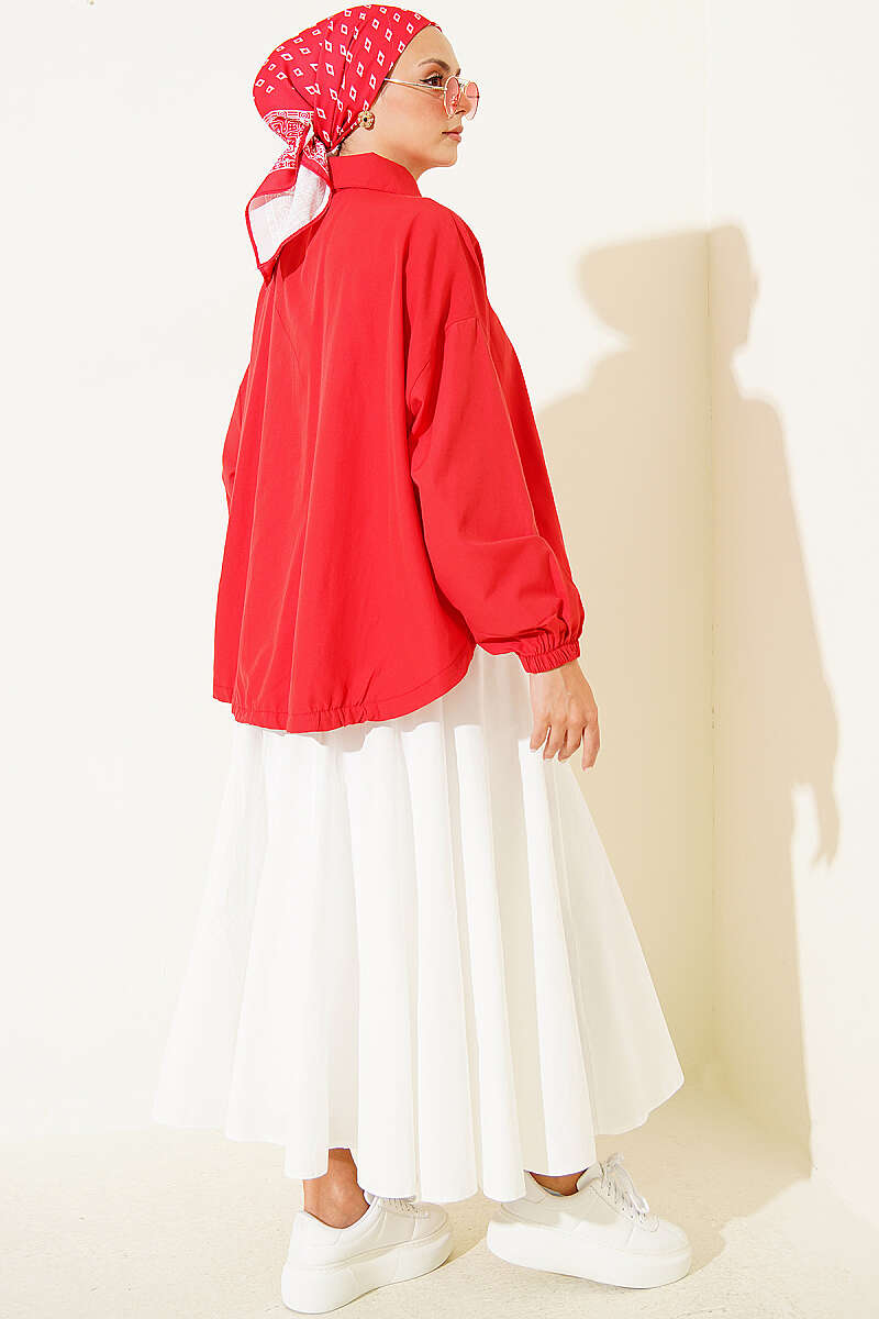 Loose Shirt with Drawstring Hem - Red
