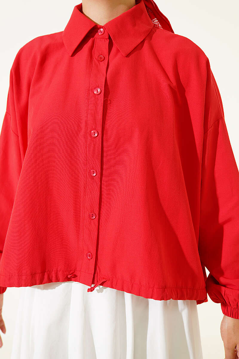 Loose Shirt with Drawstring Hem - Red