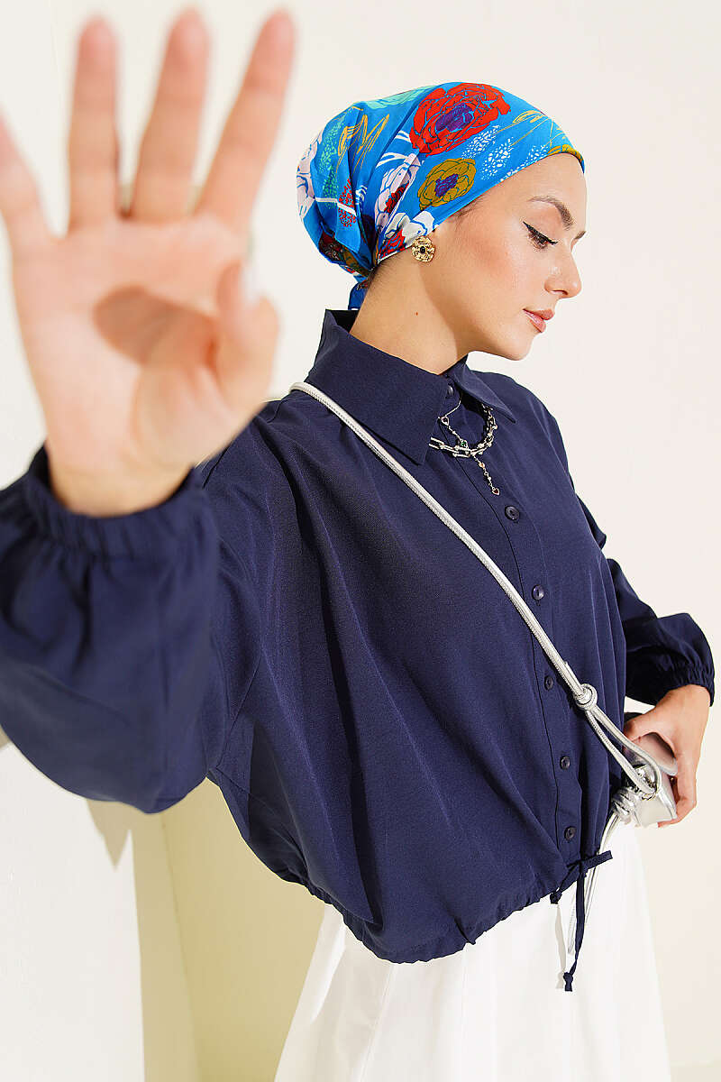 Loose Shirt with Drawstring Hem - Navy