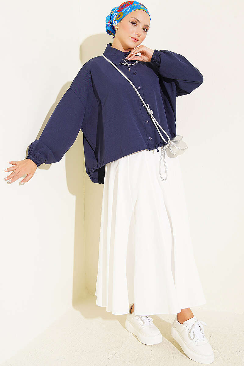 Loose Shirt with Drawstring Hem - Navy