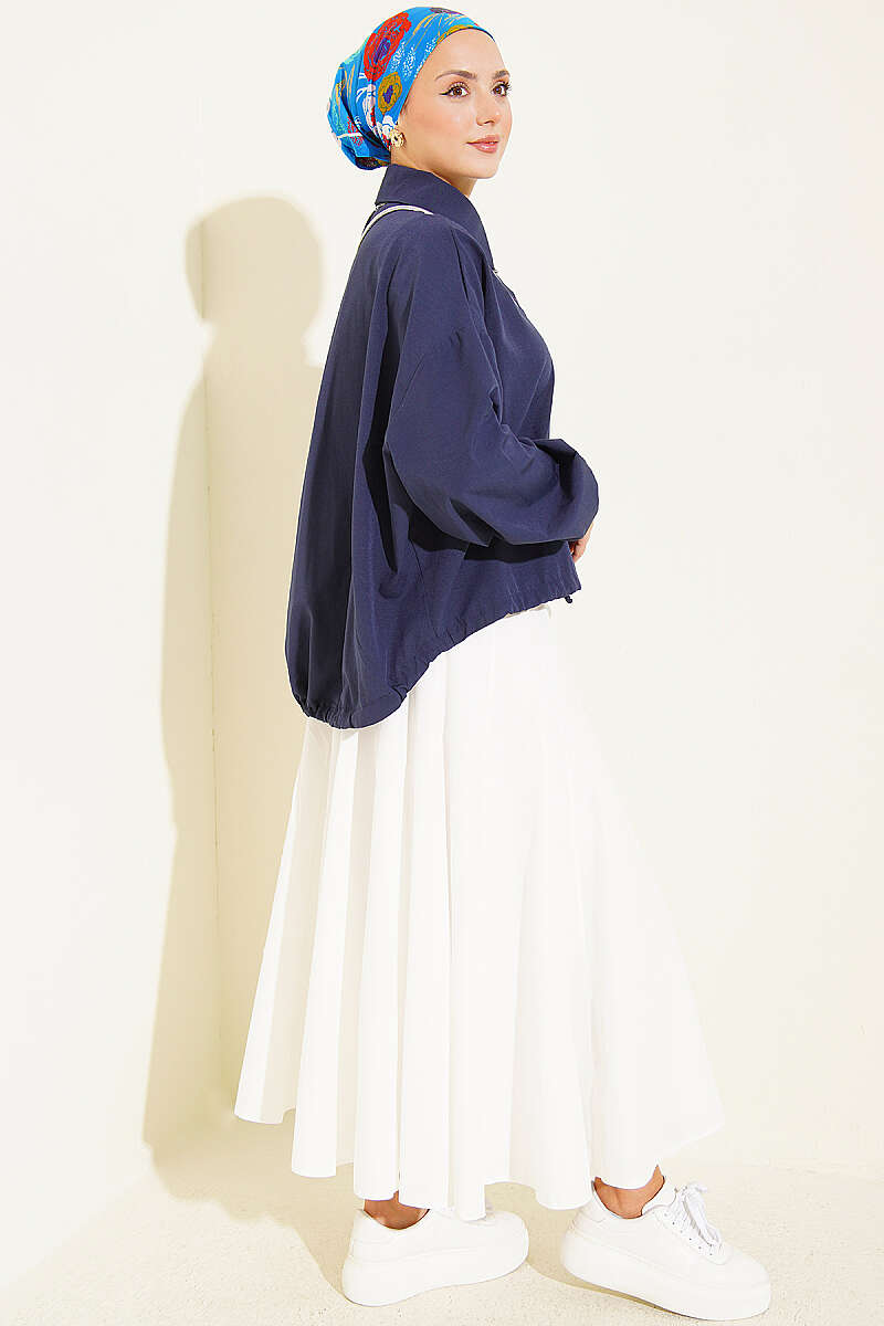 Loose Shirt with Drawstring Hem - Navy