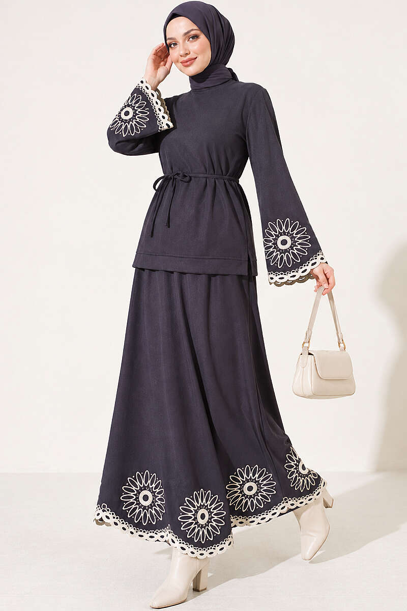 Skirt Set with Embroidered Hem and Cuffs - Smoke Grey