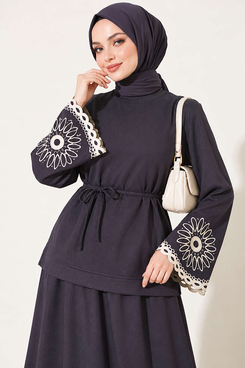 Skirt Set with Embroidered Hem and Cuffs - Smoke Grey
