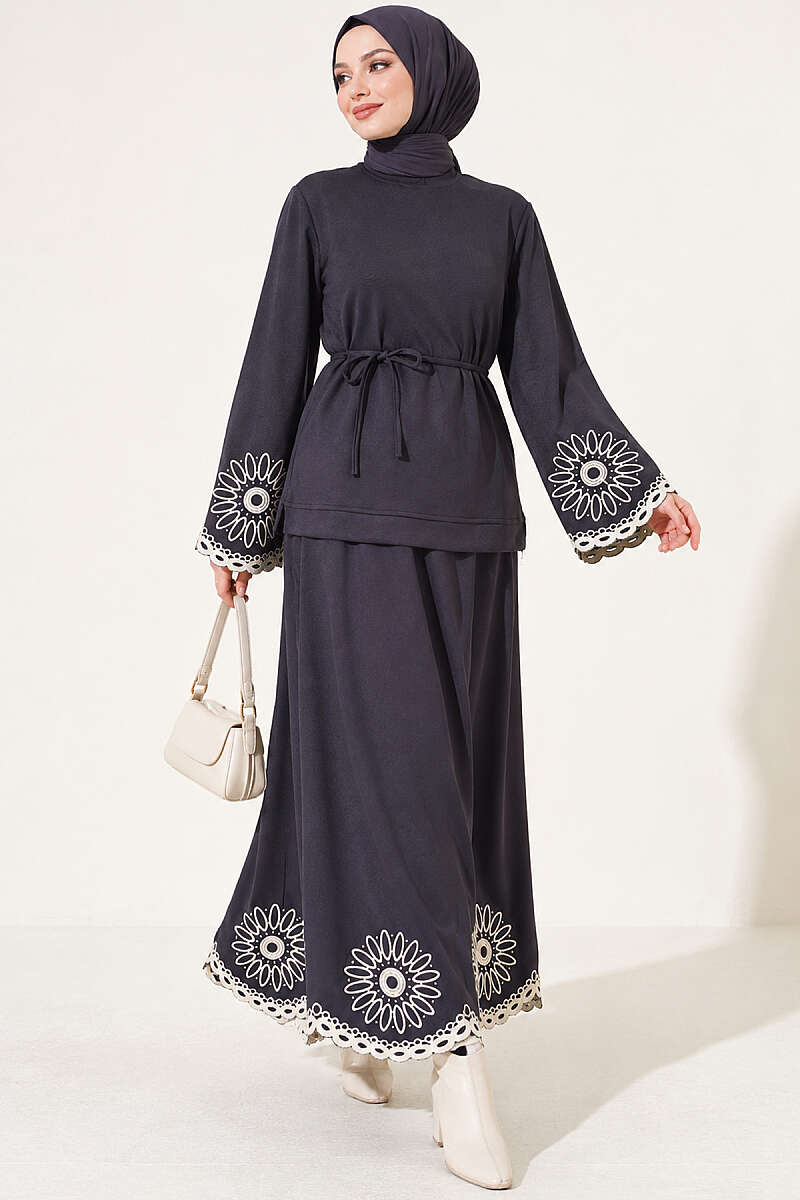 Skirt Set with Embroidered Hem and Cuffs - Smoke Grey