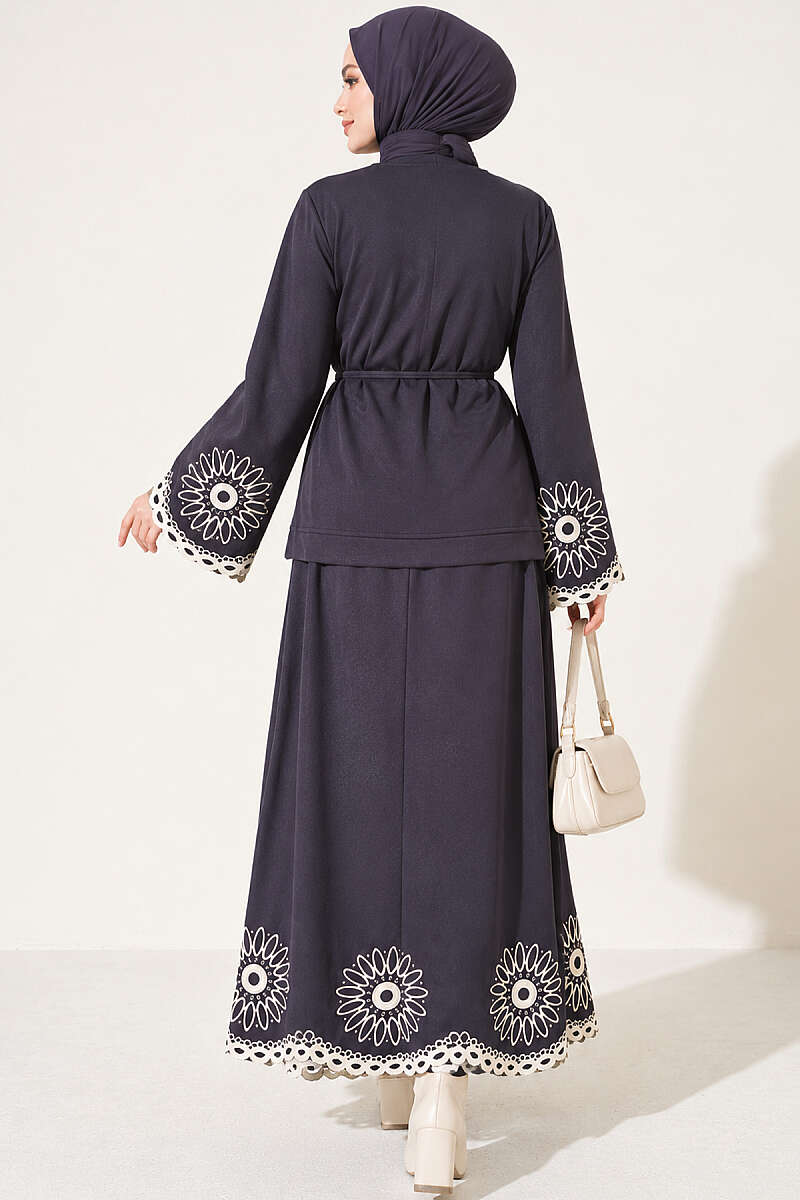 Skirt Set with Embroidered Hem and Cuffs - Smoke Grey