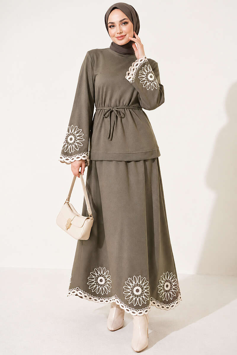Skirt Set with Embroidered Hem and Cuffs - Khaki