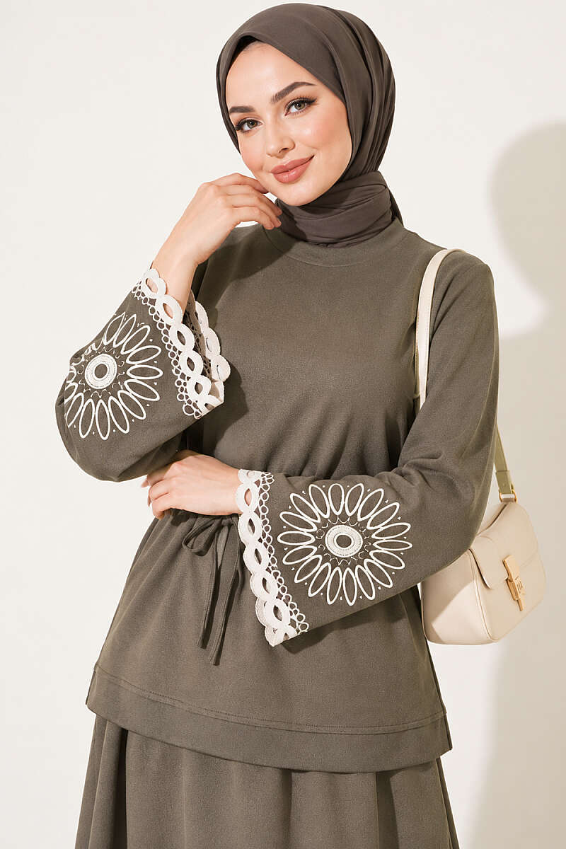 Skirt Set with Embroidered Hem and Cuffs - Khaki
