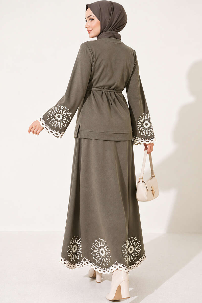 Skirt Set with Embroidered Hem and Cuffs - Khaki