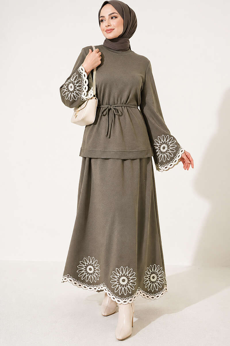 Skirt Set with Embroidered Hem and Cuffs - Khaki