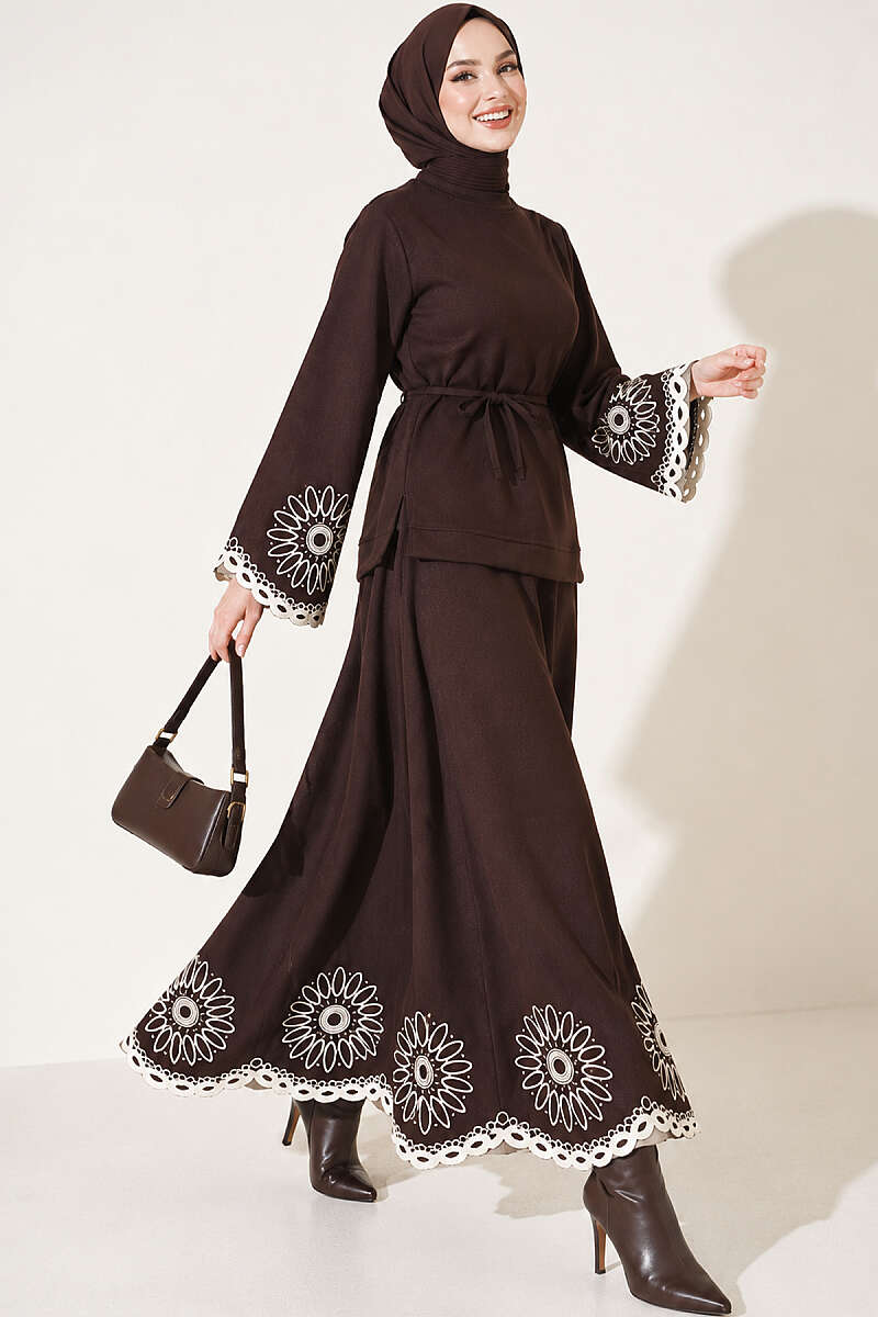 Skirt Set with Embroidered Hem and Cuffs - Brown