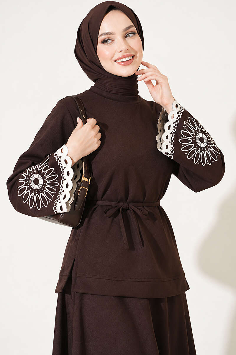 Skirt Set with Embroidered Hem and Cuffs - Brown