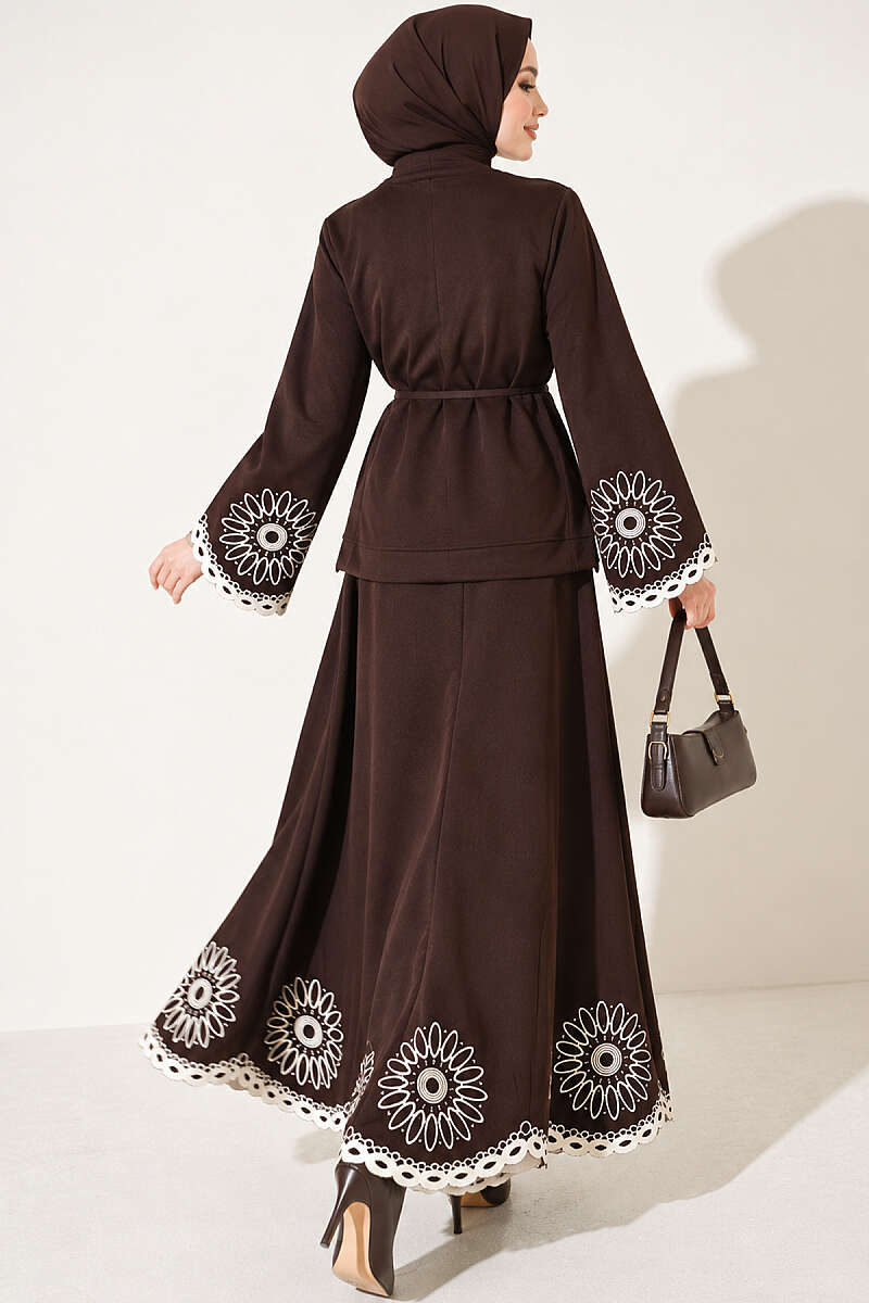 Skirt Set with Embroidered Hem and Cuffs - Brown