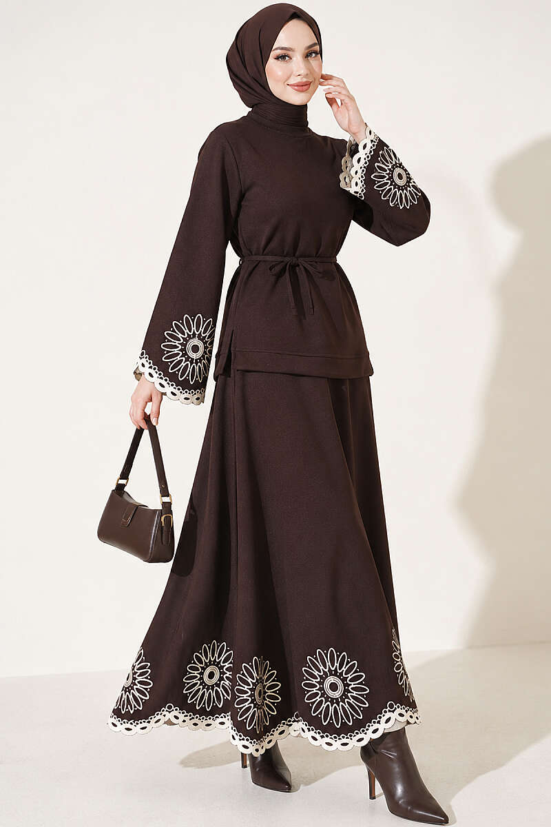 Skirt Set with Embroidered Hem and Cuffs - Brown