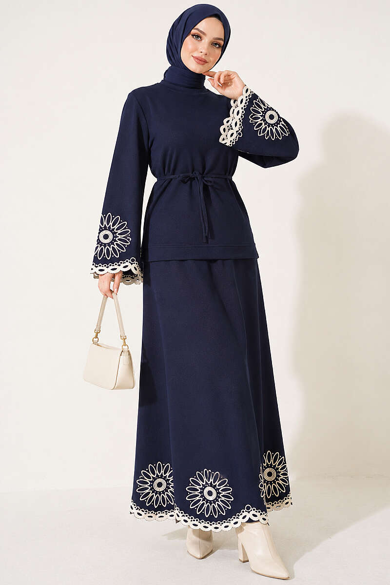 Skirt Set with Embroidered Hem and Cuffs - Navy