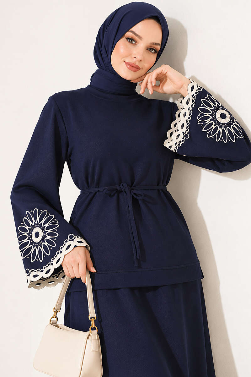 Skirt Set with Embroidered Hem and Cuffs - Navy