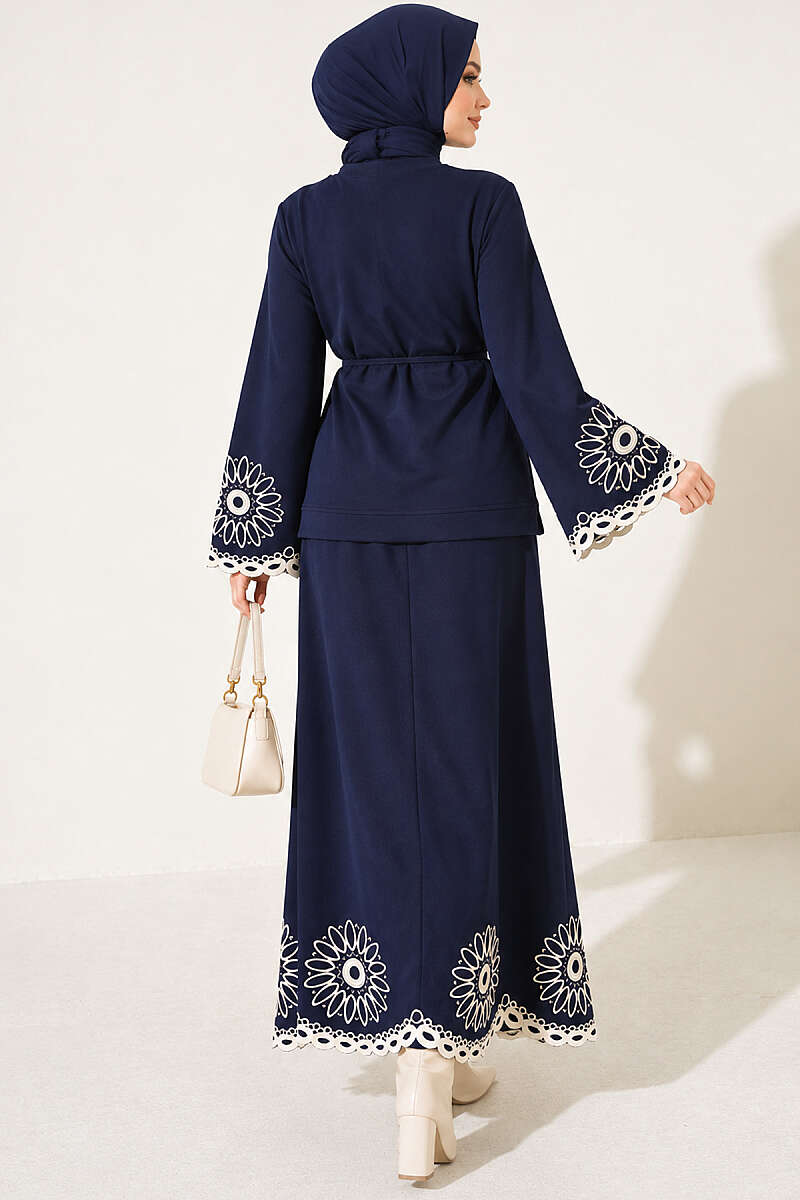 Skirt Set with Embroidered Hem and Cuffs - Navy