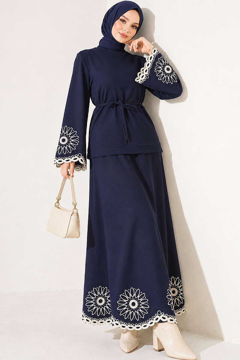 Skirt Set with Embroidered Hem and Cuffs - Navy