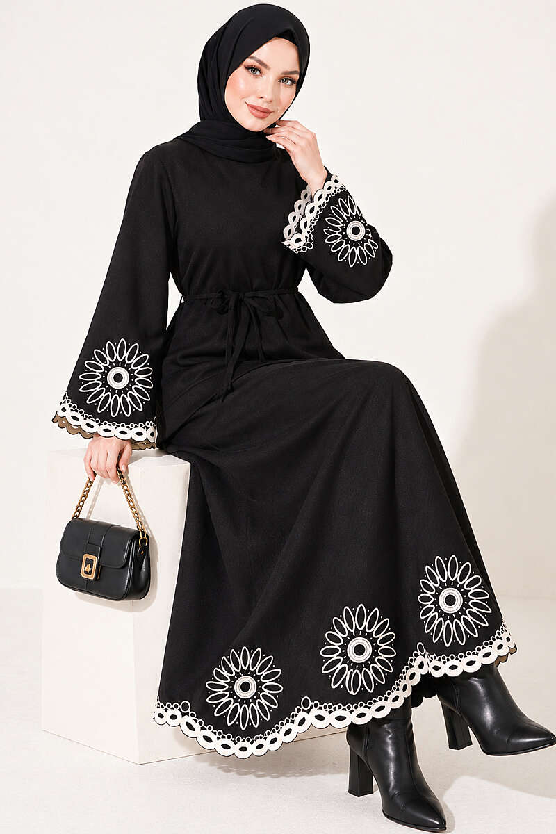 Skirt Set with Embroidered Hem and Cuffs - Black